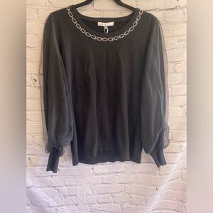 Sioni Milano Women's Jeweled Neckline Sweater with Puffed Tulle Sleeves‎ Black L